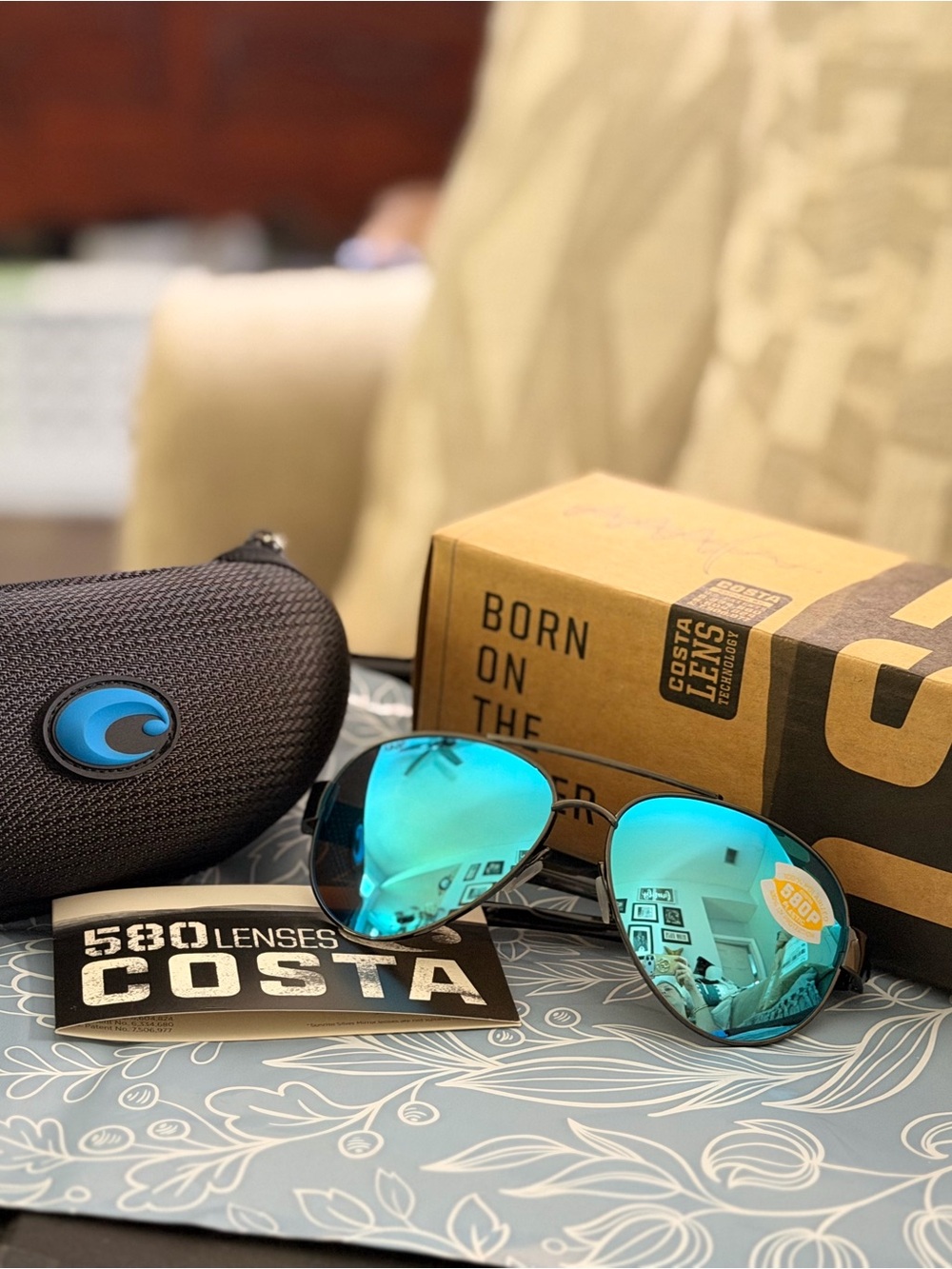 Costa Men’s Aviator Sunglasses with Blue Mirror Lenses